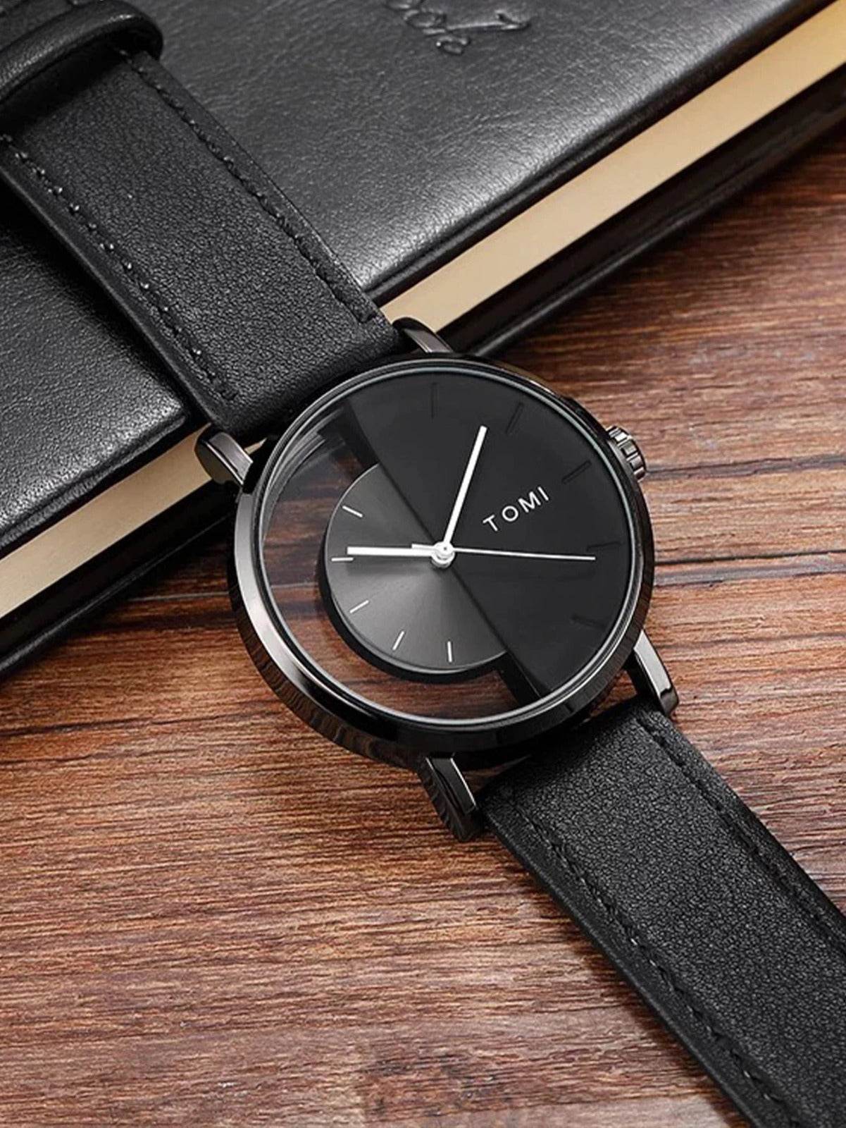 Tomi Black Leather Strap Men’s Watch – Stylish Wrist Watch in Pakistan - RiwayatbyRida